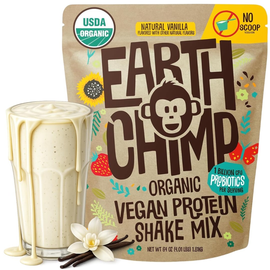 EarthChimp Organic Vegan Proteina pulbere - cu Probiotice - non OMG-uri, lactate gratuit, non Whey, Pe bază de plante proteine pulbere pentru femei și bărbați, Gluten gratuit - 52 Serviri 64 Oz (Vanilla) nr Scoop