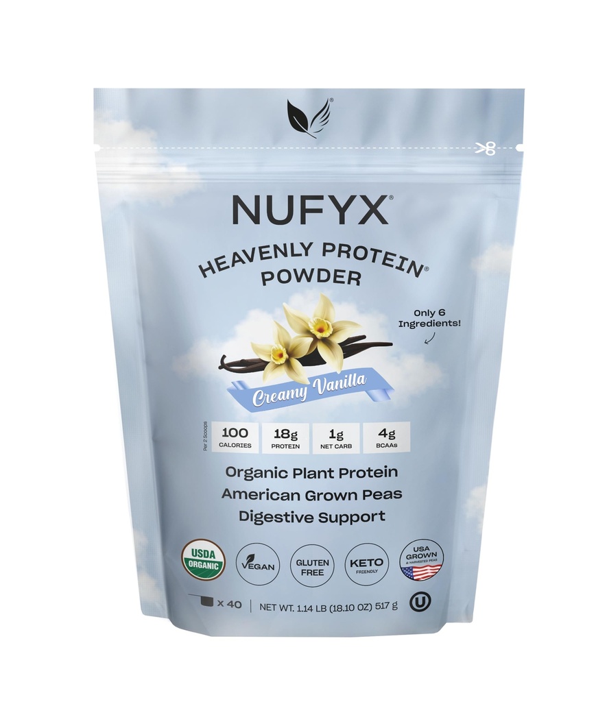 NUFYX® • Pudră Heavenly Protein® • Lumea este cea mai fină 100% Organic American Grown Peas • Vegan • Gluten gratuit • Carb scăzut (Creamy Vanilla, 40 Scoops)