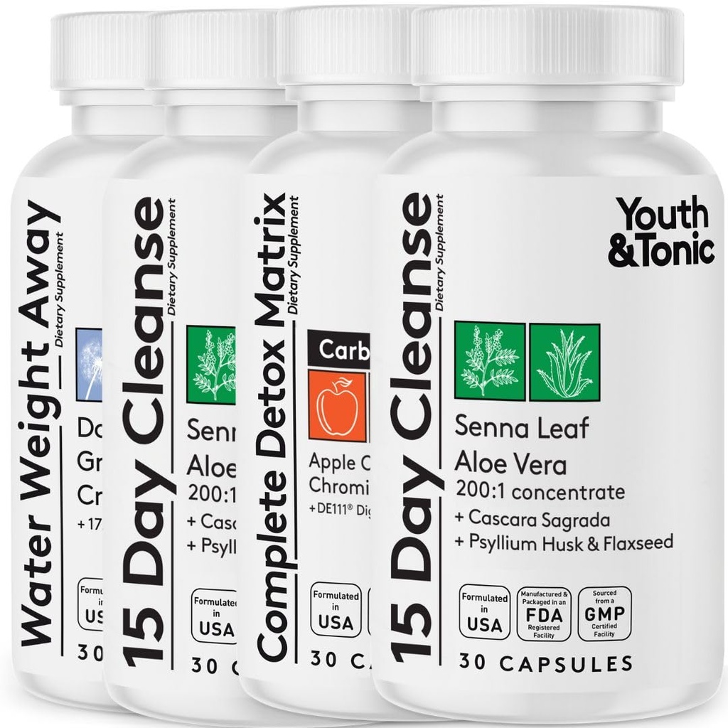 Detox Cleanse Kick Off Greutate Management și Extra Colon Cleanser. 4pk pentru pierderea apei, Blooting, Flat Stomac, Puffiness w Apple Cider Vinegar, Senna Leaf, Glucomannan, Crom, Probiotic 120 pastile