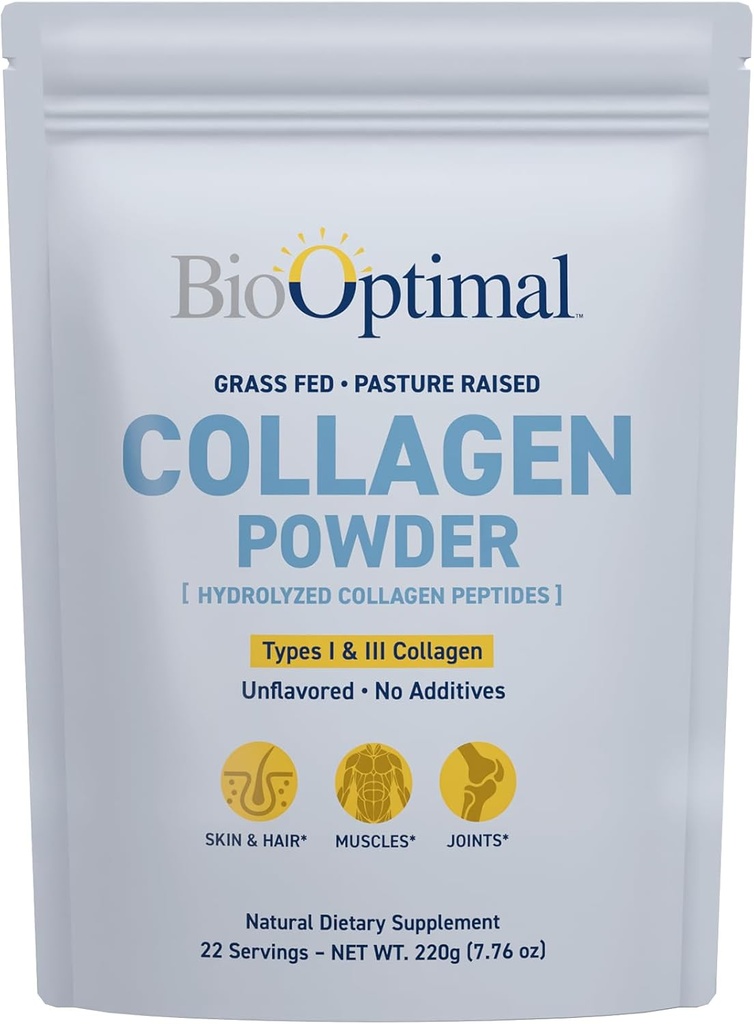 BioOptimal Colagen Peptides pulbere - Grass-Fed, Pasture-Raise supliment de proteine hidrolizate pentru piele, păr, & Nails - non-GMO, Zero Sugar supliment zilnic pentru bărbați și femei (22 serviri)