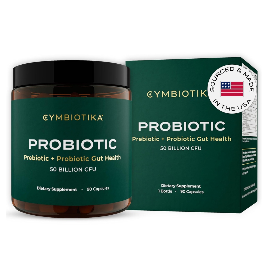 CYMBIOTIKA Probiotic + Prebiotic, 60 Miliarde CFU - 19 Strains, Gut Health Supplement for Women & Men, Immune Support, Digestive Health, & Gut Balance, 90 Capsule, 1 lună de aprovizionare, Made in USA
