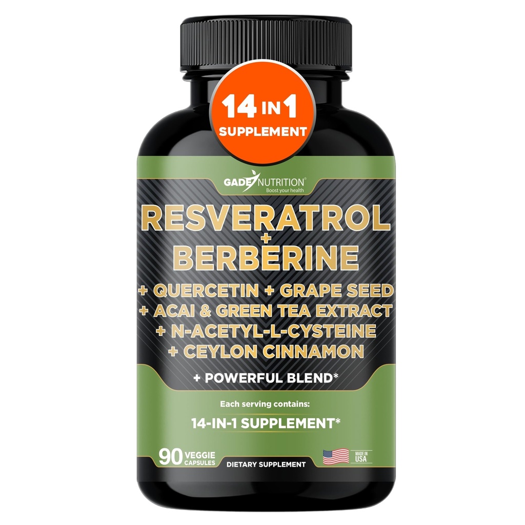 Gade Nutrition Resveratrol Berberine Quercetin Seed Extract de Ceai Verde N-Acetyl Cysteine - 14 în 1 Supliment complex pentru femei și bărbați cu Antioxidanți Potent - Made in USA