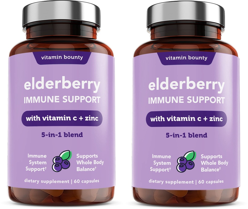 Vitamina Bounty Elderberry Immune Support - cu Zinc, Vitamina C & Echinacea, Advanced 5-in-1 Blend, puternic antioxidant, Sprijină echilibrul întregului organism, Non-GMO - 60 capsule, 2 ambalaj
