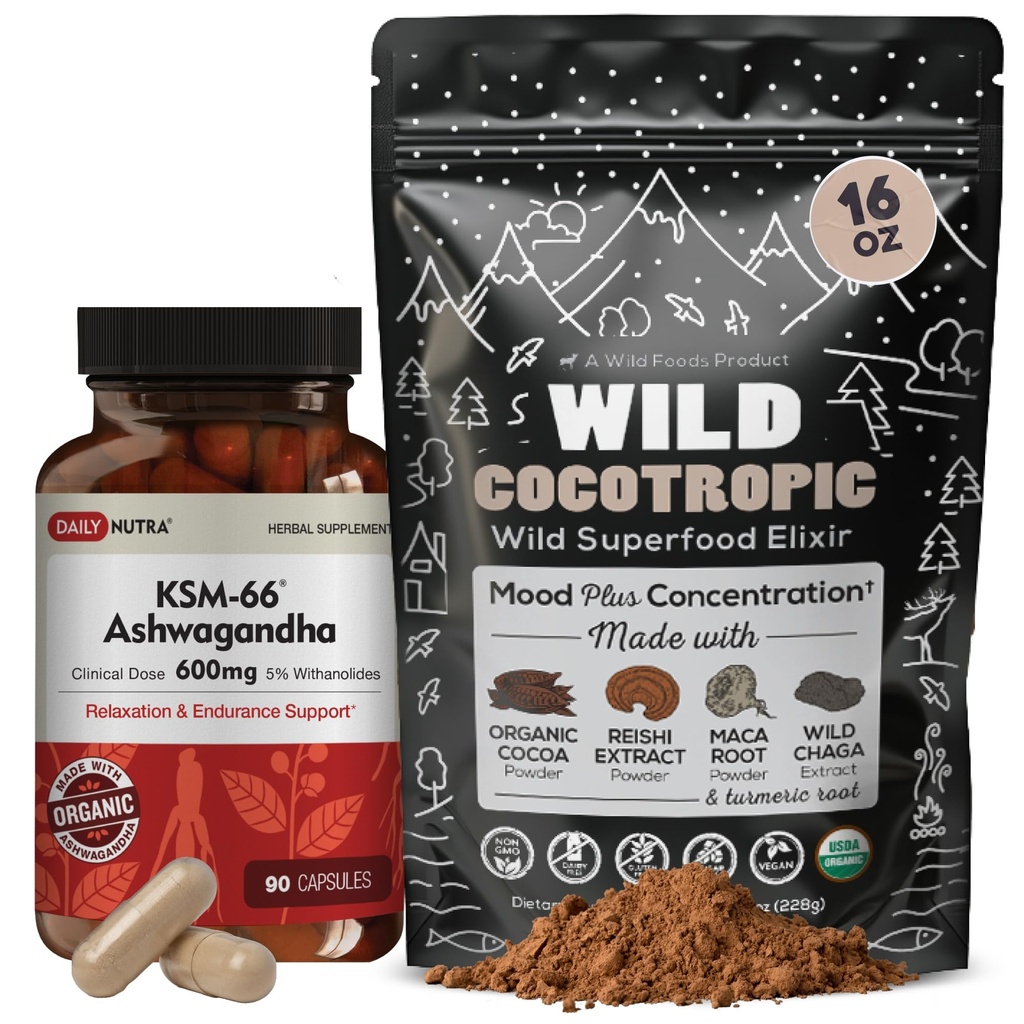 DailyNutra KSM 66 Ashwagandha (90 capsule) şi Mushroom Cacao Mix (16oz) Bundle pentru relaxare şi concentrare