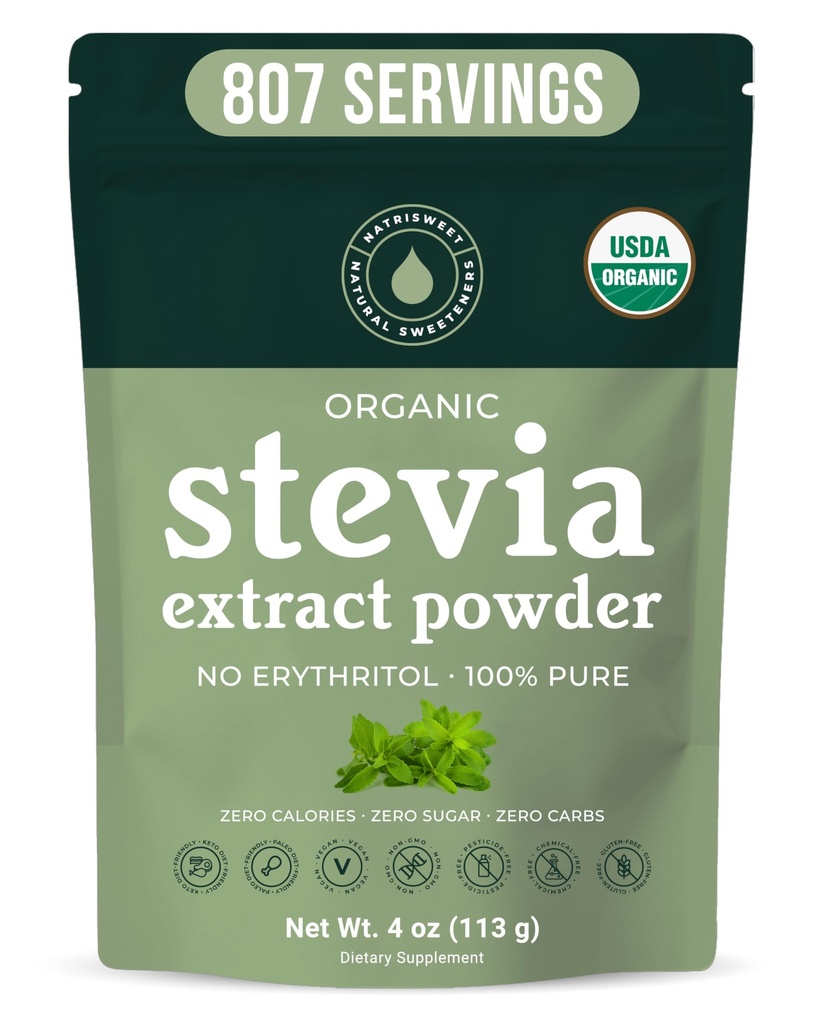 Organic 100% Pure Stevia Powder, 4 oz, Satisface Sweet Cravings, scade nivelul de zahăr din sânge pentru diabetici, vrac pudrat Stevia Extract Sweetener pentru o mai bună coacere & băuturi, 800+ Serviri de NatriSweet