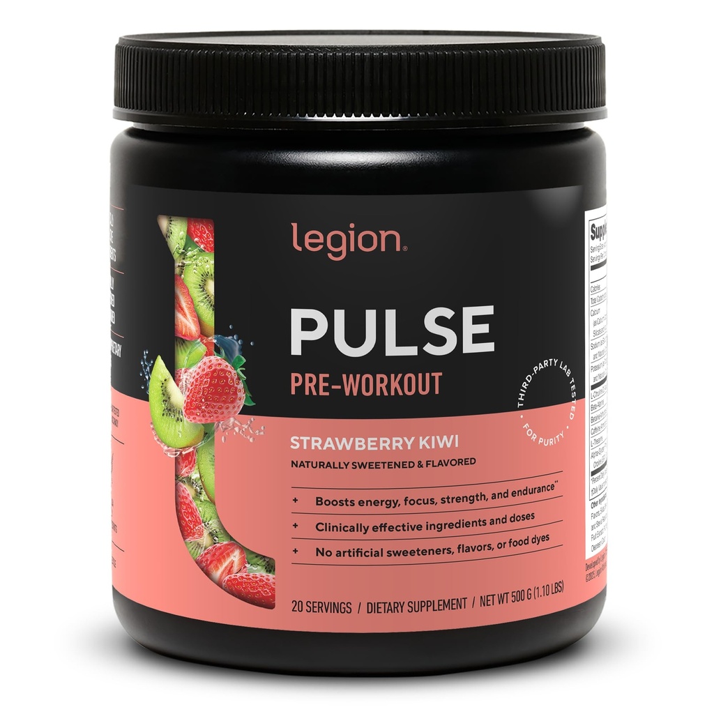 LEGION- All Natural Nitrogen oxid Preworkout Drink to Boost Energy, Creatine Free, Natural Sweetened, Beta Alanine, Citruline, Alpha GPC (Strawberry Kiwi)