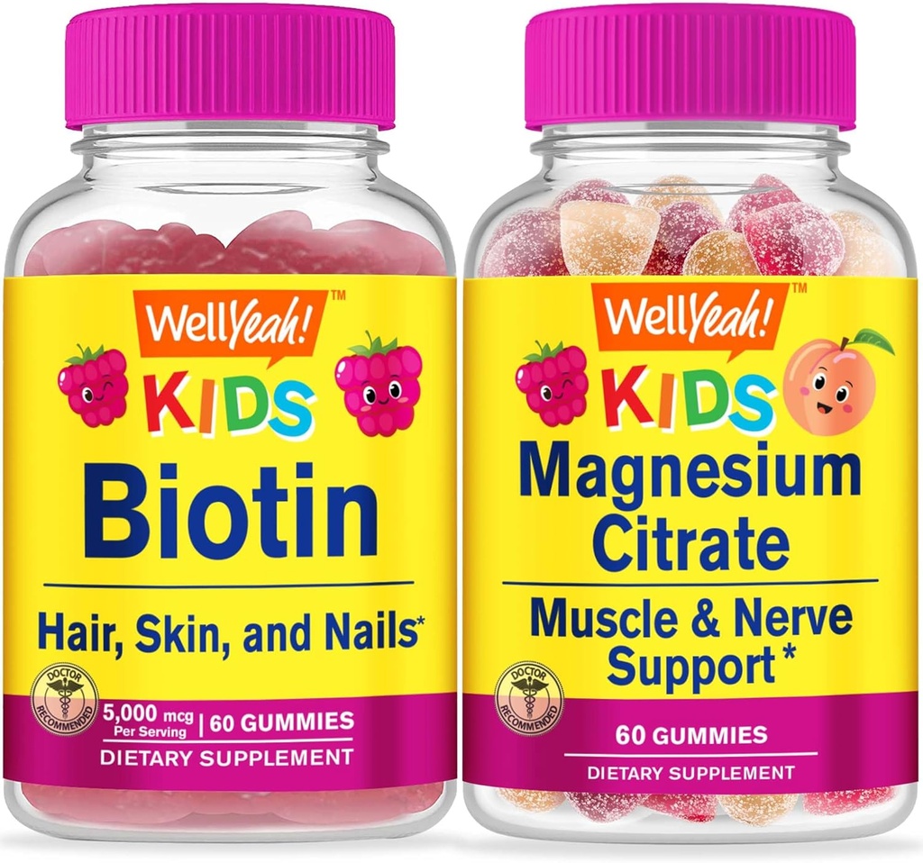 WellDah Biotin Kids + Magneziu Citrate Kids, Gummie Bundle - mare Tasting, Supliment de vitamine, Gluten gratuit, OMG gratuit, Gummy mestecat