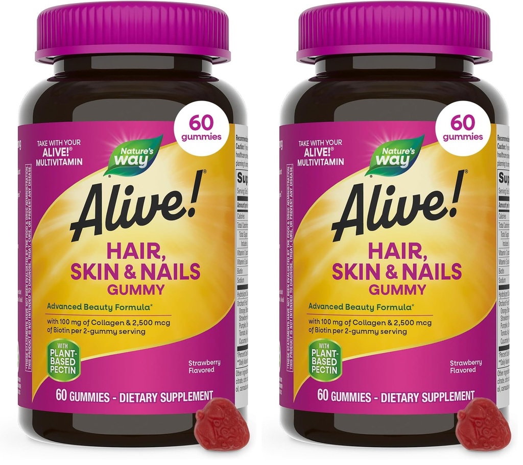 Calea naturii în viaţă! Par, Piele & unghii Gummies, Formula de frumusete avansata*, cu Biotin si Colagen, aroma de capsuni, 60 Gummies (Packaging May Vary) (Pachet de 2)