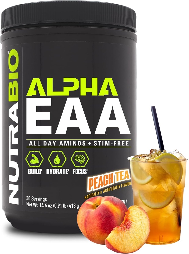 NutraBio Alpha EAA - Aminoacidi pentru crestere musculara si hidratare - Aminoacizi esentiali cu Nootrops & Adaptogens- Full Spectrum EAA BCAA Powder - 30 Serviri - Ceai de piersici