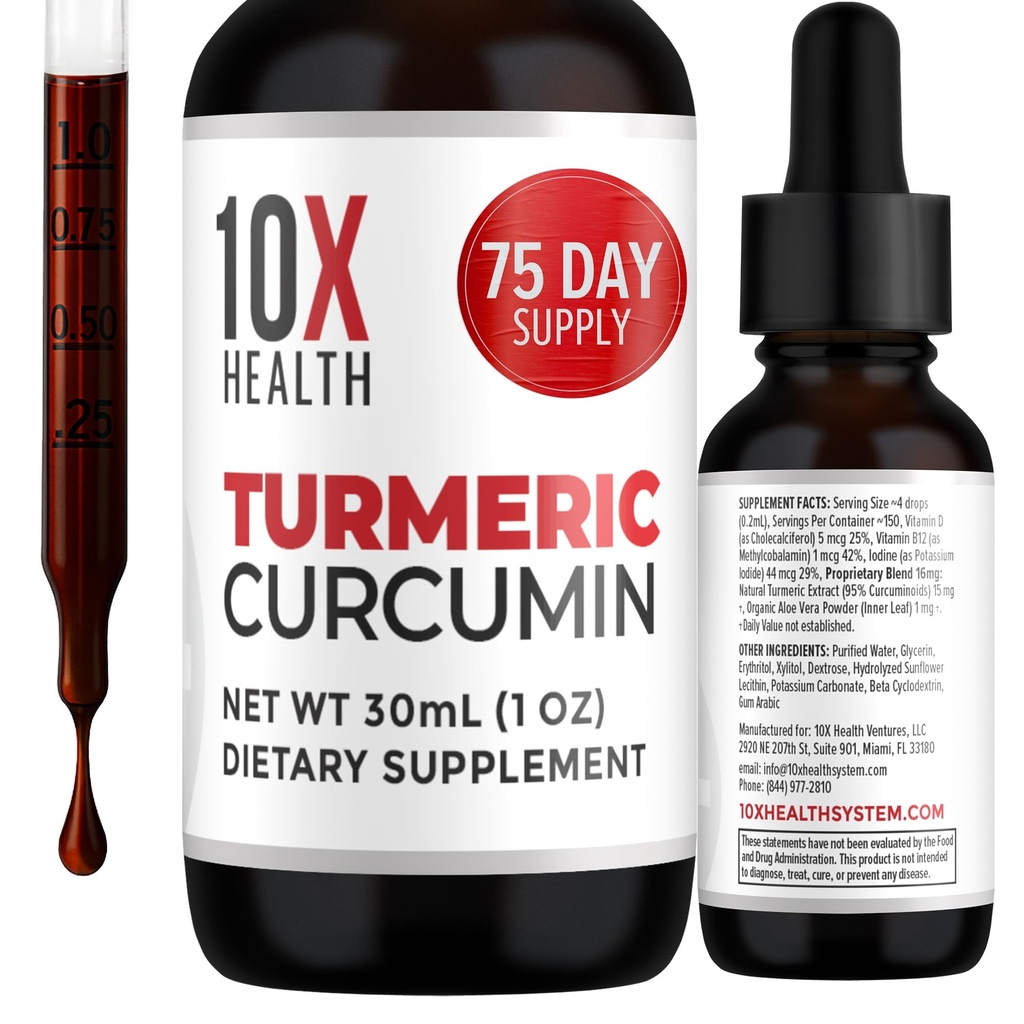 10X Sănătate Curcumin Turmeric Supliment cu vitamina D3 & B12-30mL Supliment turmeric de înaltă absorbţie pentru suplimente comune pentru femei, Imunitate & Heart Health - Curcuma, Curcuma Suplimente Curcumin