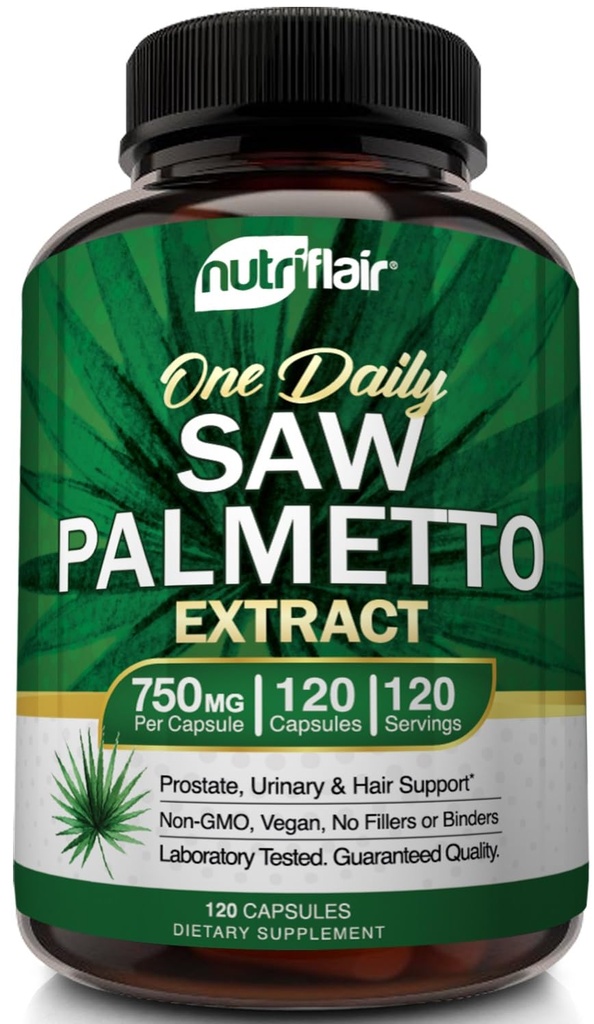 NutriFlair Saw Palmetto extract 750mg, 120 capsule - Natural Prostate Supliment & Berry de sănătate de sprijin - Ajuta la blocarea DHT pentru a preveni pierderea parului si ajuta la reducerea urinarii frecvente, pentru femei si barbati