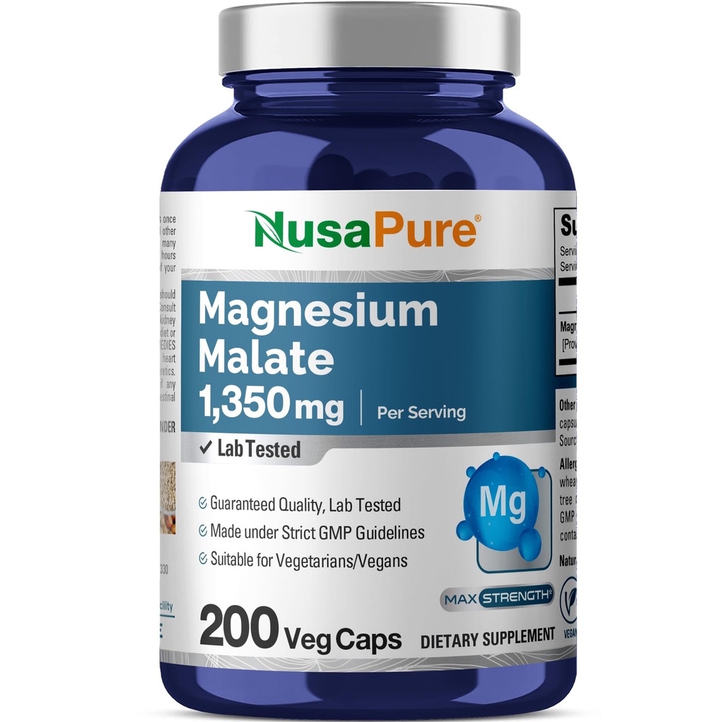 Malat de magneziu NusaPure 1350mg 200 Capsule vegetale (Vegan, Non-GMO, Vegan)
