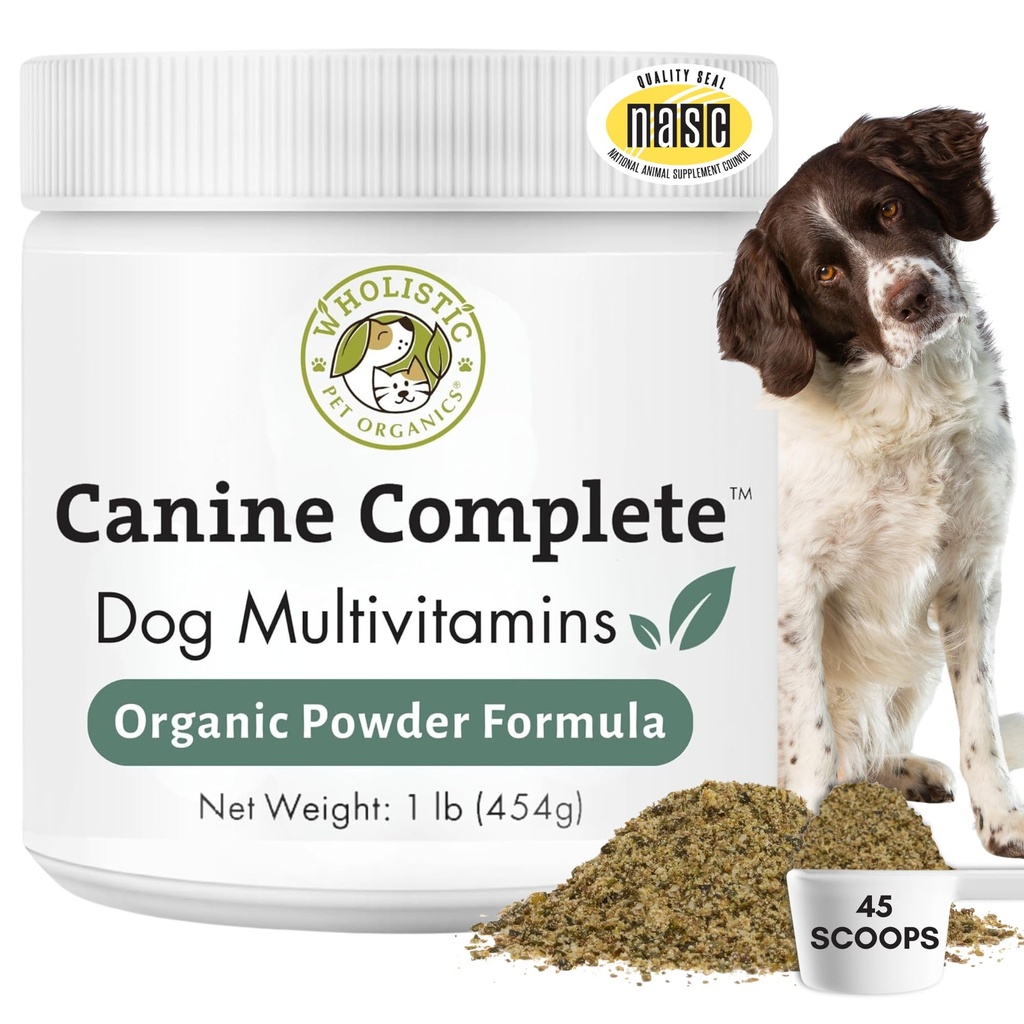 Wholistic Pet Organics Canine Complete - Dog Multivitamine Powder - 1 Lb - Daily Dog Vitamine și Suplimente pentru alimente de casă - Sistem imunitar, Piele, Haină & Sănătate generală - Rasă mică și mare