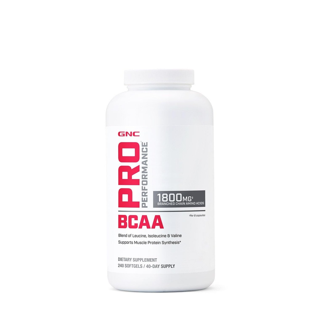 GNC Pro Performance BCAA 1.8g, 3rd Party Tested Supplement for Men & Women, Ramking Chain Amino Acids, Essential Amino Acids Supports Muscle Proteine Sinteza, 240 Softgels, 40 SVG