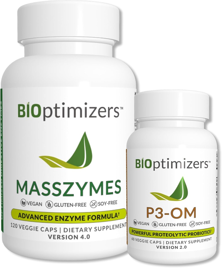 BiOptimizoare - P3-OM și MassZymes Bundle - Enzime digestive premium și probiotice pentru femei și bărbați - Medic-Formulat (120 capsule MassZymes, 60 P3-OM capsule)