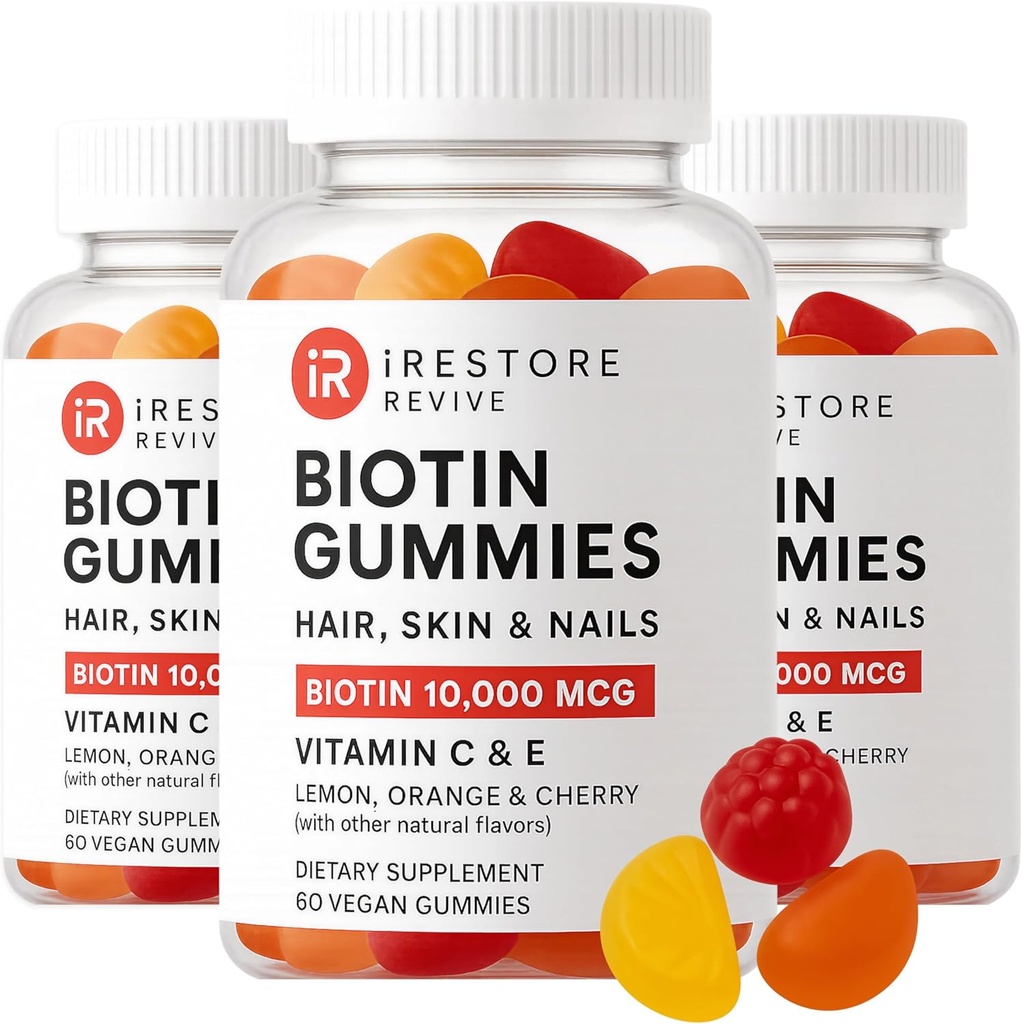 iRestore Gummy Vitamine de păr, Vegan Biotin Gume pentru piele de păr și unghii, Gume de creștere a părului pentru femei și bărbați, Biotin 10.000mcg, 3PK