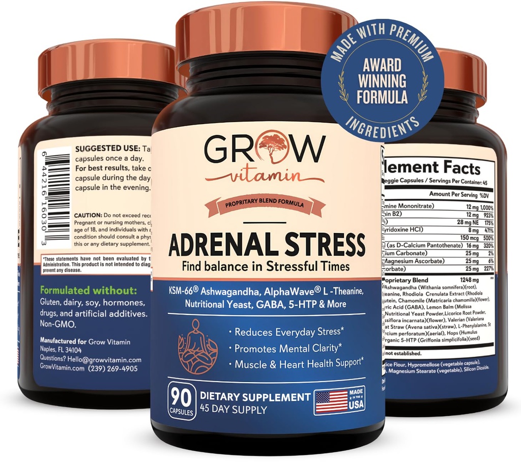 Creste vitamina de stres adrenal Formula avansată, Organic KSM-66 Ashwagandha cu AlphaWave L-Theanine, 5-HTP, Magneziu Blend - Zilnic Stress Relief, Mood Support, Cognitive, Brain Health, 90 capsule