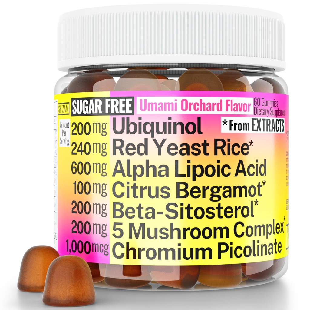 Red Yeast Rice Alpha Acid lipoic Ubichinol CoQ10 Citrus Bergamot Beta-Sitosterol Crom Picolinat Sugar-Less Gummies w Lion's Mane Turkey Coail Reishi Cordyceps Chaga, Pills Capsule Supliment Alt