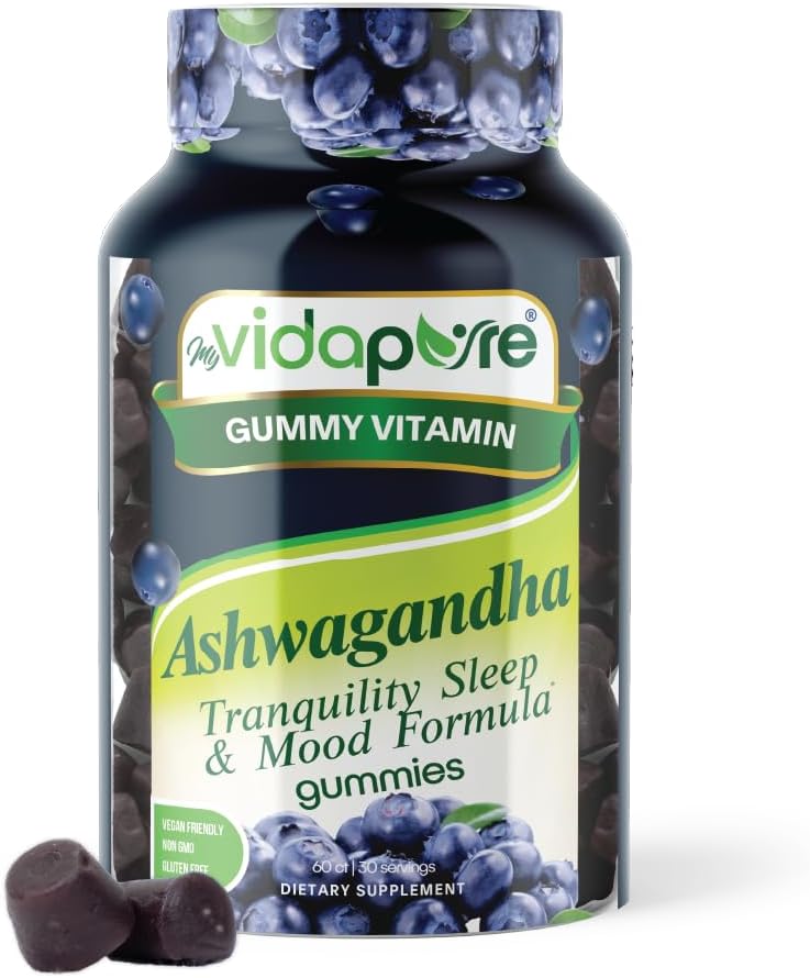 Gumiile Ashwagandha, extractul de rădăcină Ashwagandha de înaltă potenţă cu glicinat de magneziu, melatonină, B6, rădăcină valeriană, GABA, floare de pasiune pentru bărbaţi şi femei. 60 Count 30 porţii de myVidaPure