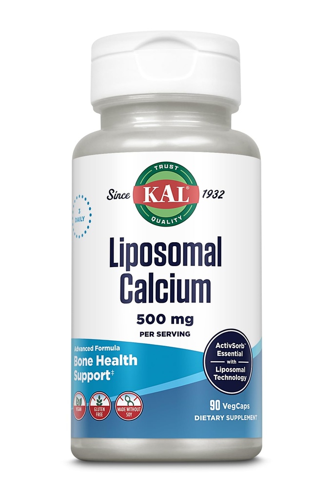 KAL Liposomal Calciu 500 mg, Supliment de calciu de mare absorbţie, Suport esenţial de calciu, Vegan, Gluten Free, No Soy, 30 Servings, 90 VegCaps