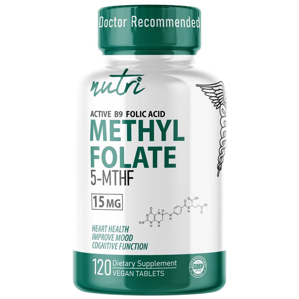 Nutri 5-MTHF L Methylfolat 15MG - 4 Luna de aprovizionare, 120 Vegan comprimate - metilat Folate Supliment - Functie cognitiva, Heart Health, Prenatal Support - 3rd Party Testat - NSF Certificat Facility