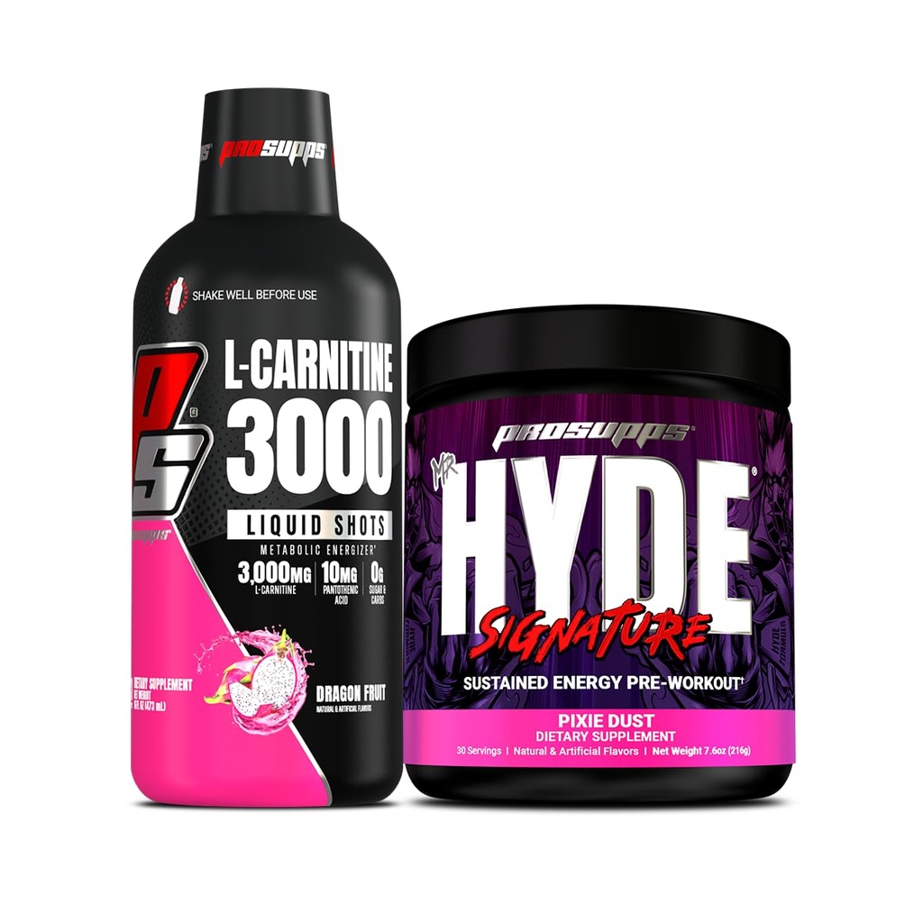 PROSUPPS L-Carnitina 3000 Shoturi Stimulante Lichide Gratuite (31 Servings, Dragon Fruit) si Mr. Hyde Signature Series Pre-Lucrare Energie Pudrată (30 Servings, Pixie Dust) Bundle
