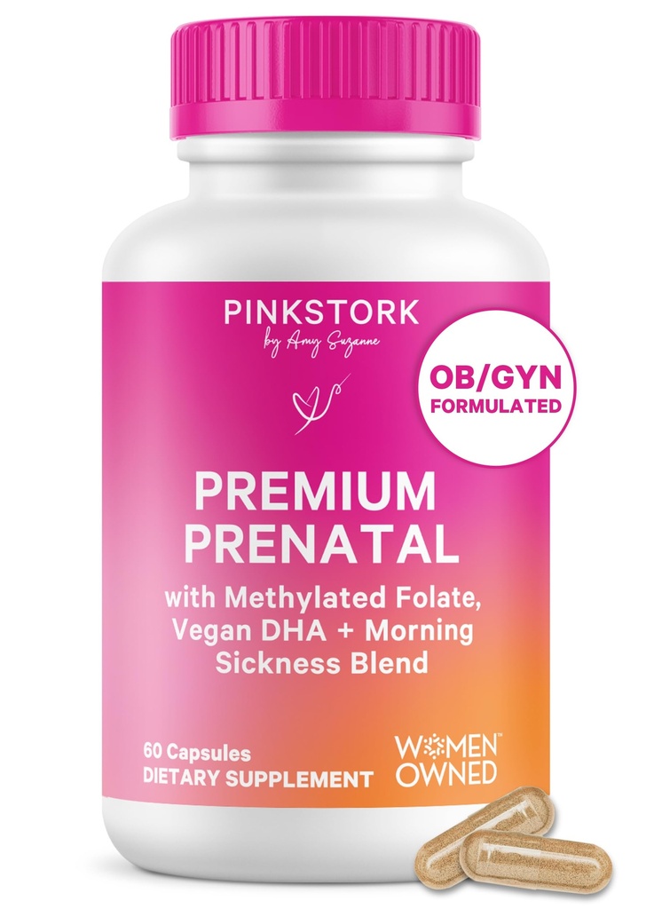Roz Stork Premium Vitamina prenatala pentru femei - Ingrediente alimentare organice, Multivitamine & Probiotice - Boala de dimineata, Digestie, & Energie - Folate, B6, & Fier - 60 Capsule