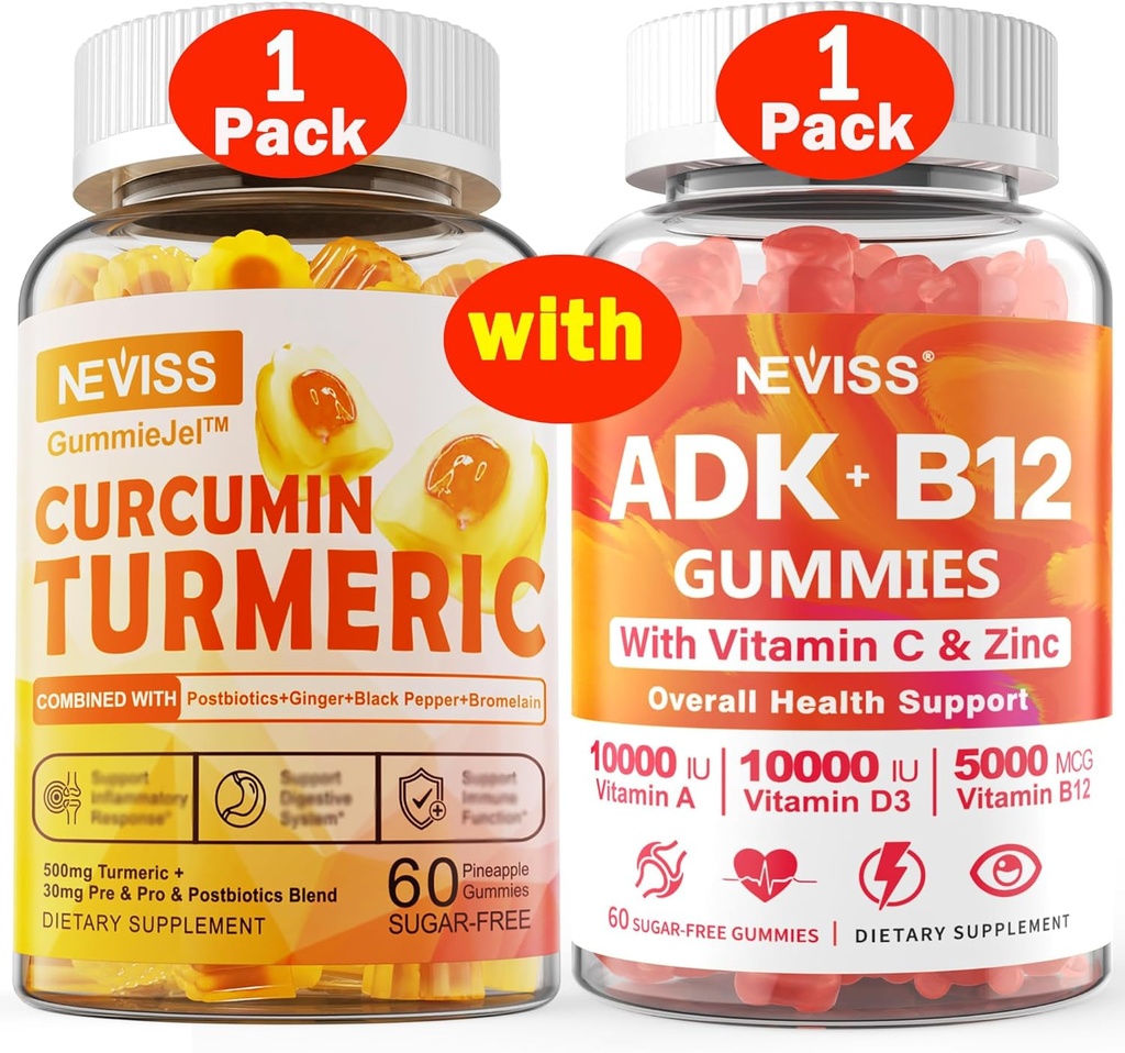 1Pack Curcumina turmerica umpluta Gumiile + 1Pack Vitamina ADK cu B12 Gume
