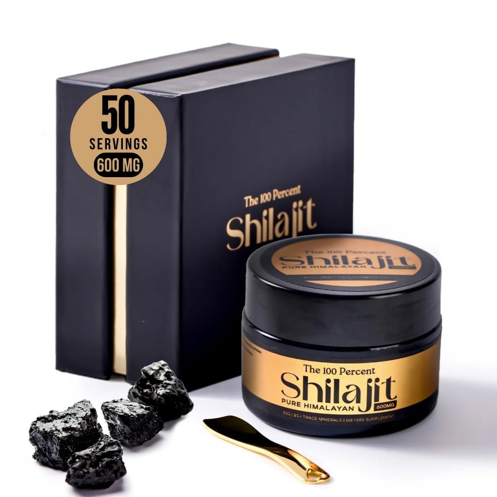 Pure Himalayan Shilajit pentru barbati si femei 600mg, 50 Serviri - Grad de aur, Testul de laborator Inclus, Acid fuzelian potenta maxima cu 85+ Urme minerale extrase din Altitudine mai mare