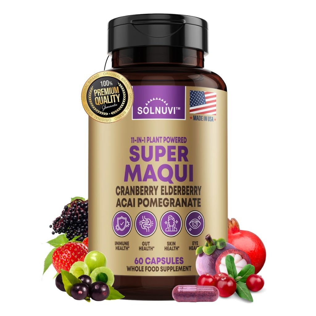 Capsule organice Super Maqui Berry - Superfood Powder - extract de elderberry, Cranberry, rodie, Acai - Suport ochi uscat & Tear, Sanatate guta, Piele - 60 capsule Vegane, Non OMG-uri, Gluten gratuit Supliment