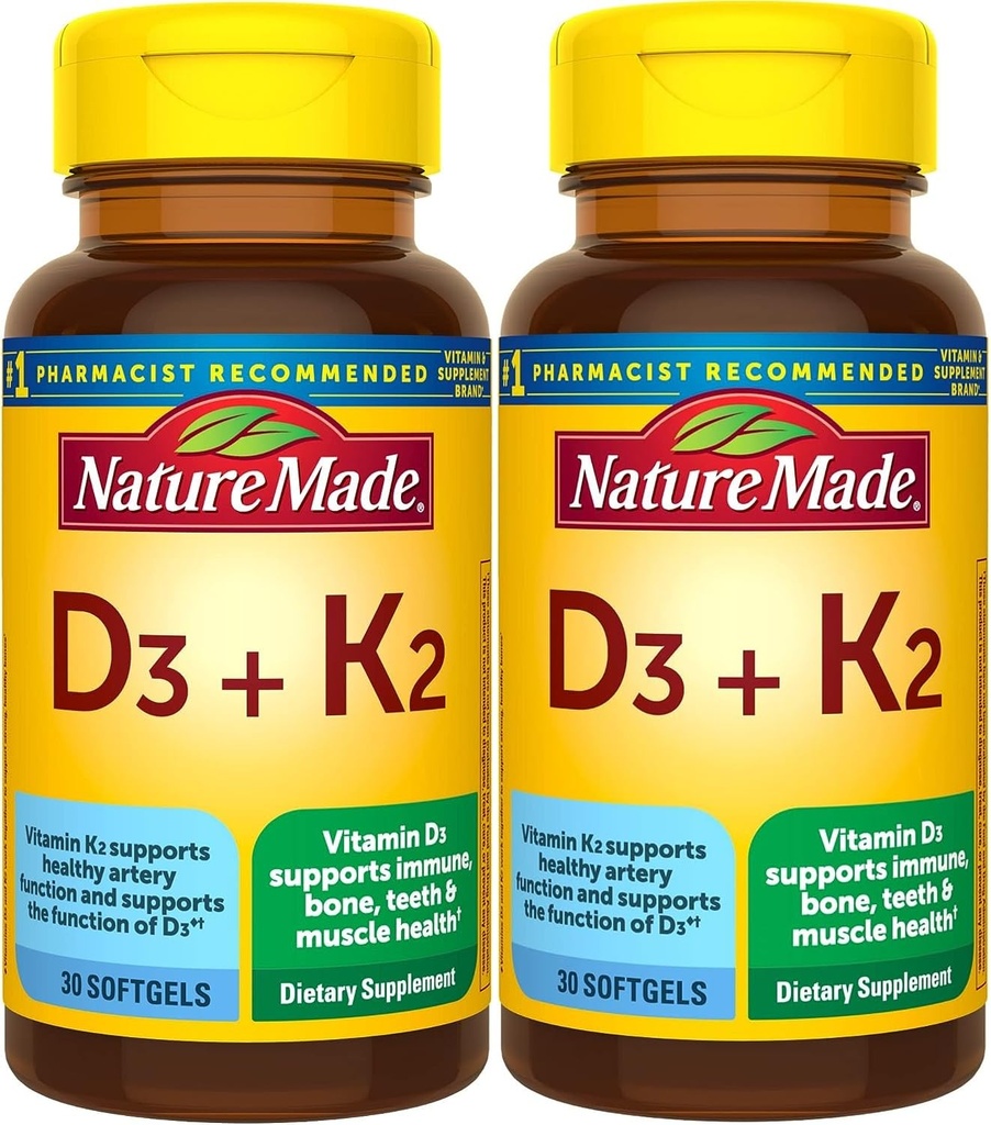 Natural Made Vitamina D3 K2, 5000 UI (125 mcg) Vitamina D, Supliment alimentar pentru oase, dinți, mușchi și sprijin pentru sănătate imună, 30 Softgels, 30 zile de aprovizionare - Pachet de 2