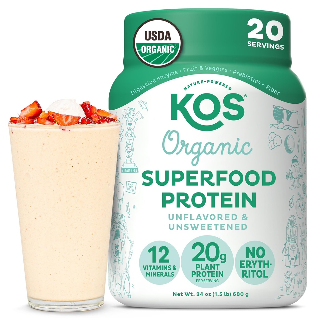KOS Vegan Praf de proteine, nearomatizat și neîndulcit - conținut scăzut de proteine de arahide, Superalimente organice bogate în vitamine și minerale - Keto, soia, lactate - Înlocuirea mesei pentru femei și bărbați - 20 Serviri