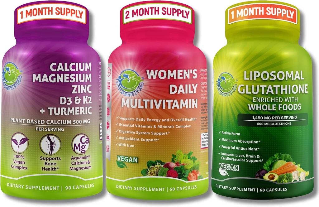 Vegan Bone & Imunum Support Bundle - Liposomal Glutatione 500mg cu alimente organice Whole + Femei de zi cu zi Multivitamine cu calciu pe bază de fier și de plante, magneziu, D3, K2, Zinc, și Turmeric