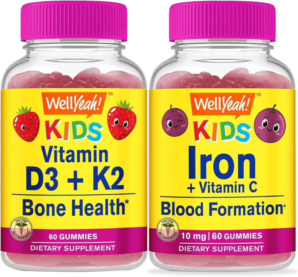 WellDah Vitamina D3+K2 Copii + Fier + vitamina C Copii, Gume Bundle - mare Tasting, Supliment de vitamine, Gluten gratuit, OMG-uri gratuit, Gummy masticabil