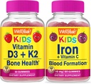 WellDah Vitamina D3+K2 Copii + Fier + vitamina C Copii, Gume Bundle - mare Tasting, Supliment de vitamine, Gluten gratuit, OMG-uri gratuit, Gummy masticabil