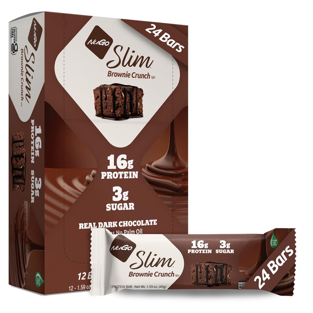 Nugo Slim Ciocolată neagră Brownie Crunch, 16g Proteine, 2g Zahăr, 7g Fibră, Carburator net scăzut, Keto Friendly, Gluten gratuit, 24 Conte