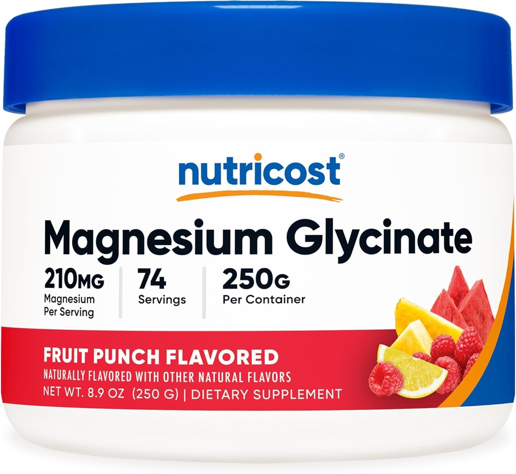 Pulbere de glicinat de magneziu Nutricost (Punch de fructe, 250 de grame)