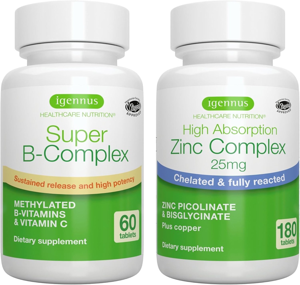 Super B-complex + zinc Complex Vegan Bundle, metilat de eliberare B Complex + 25mg Chelated zinc Picolinat & Bisglicinat cu cupru, de Igennus