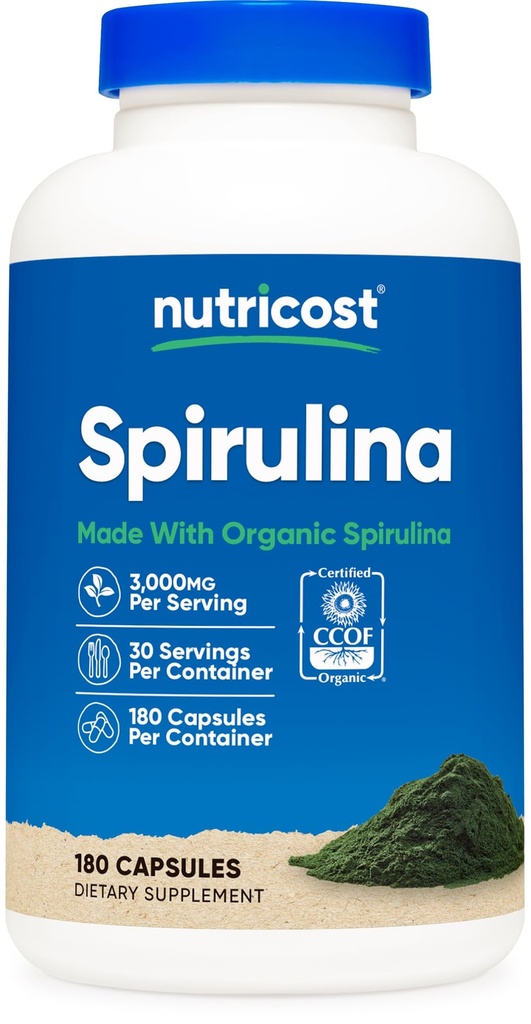 Nutricost Spirulina 3000 mg, 180 capsule pentru 30 Serviri - CCOF Certified Made with Organic Spirulina, Gluten Free, Vegetarian