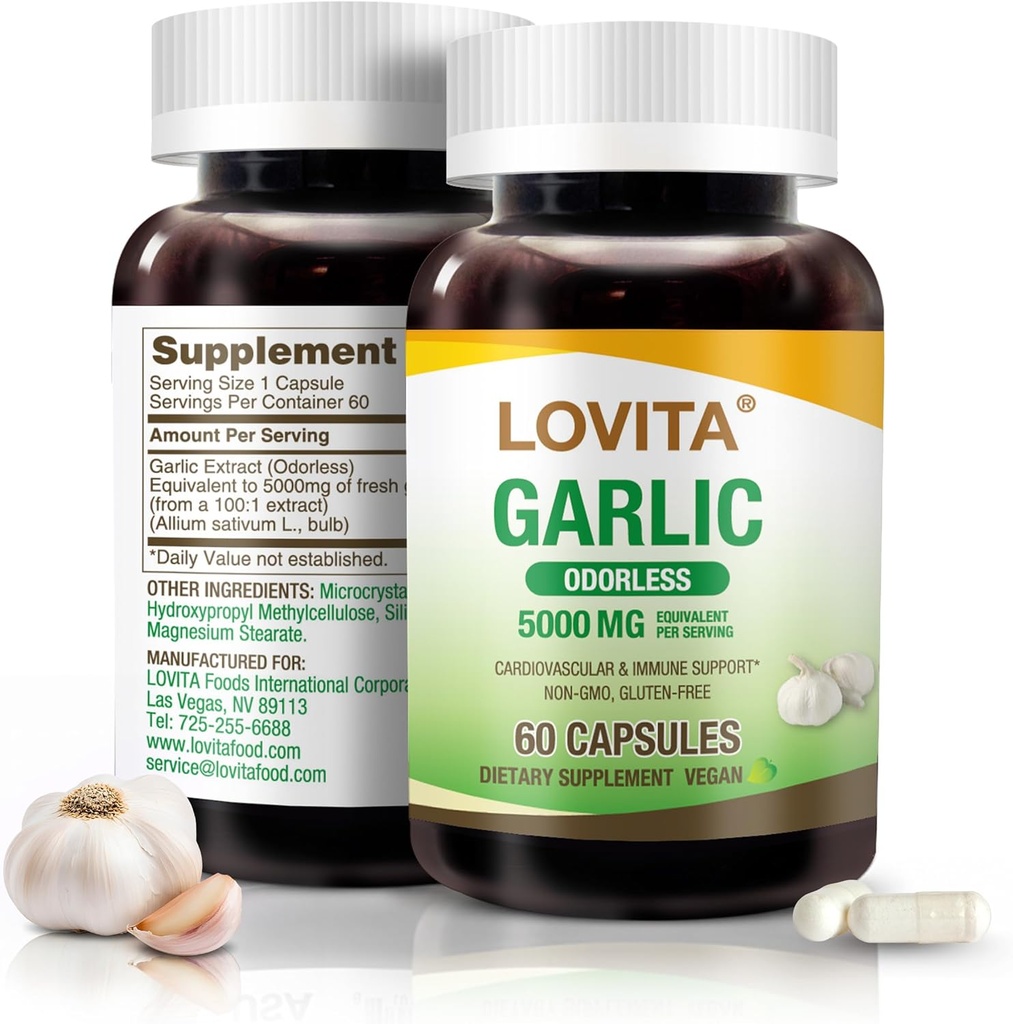 Lovita Odorless Usturoi Capsule, 5000 mg Fresh Usturoi Echivalent, 1,25% Allicin Extract, Suporturi Inimă, Tensiunea arterială, Colesterol & Sistem Immune, Non-GMO, Gluten-Free, 60 Vegan capsule