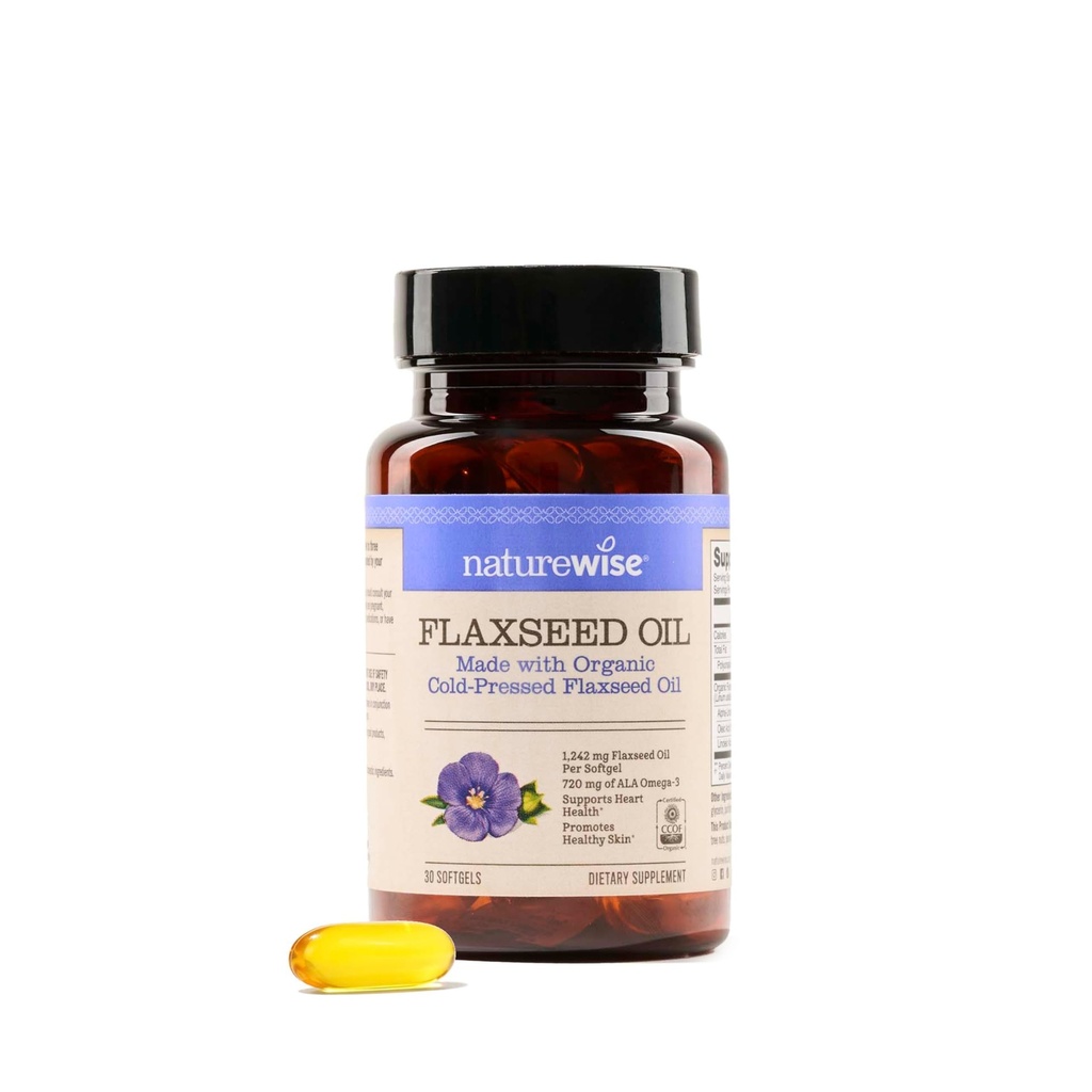 NatureWise Flaxseed Oil 1200 mg, Fish Free Omega 3 6 9 cu 720mg ALA, Supliment alimentar pentru suport pentru sanatatea inimii - Organic, Rece presat, Non-GMO - 30 Softgels