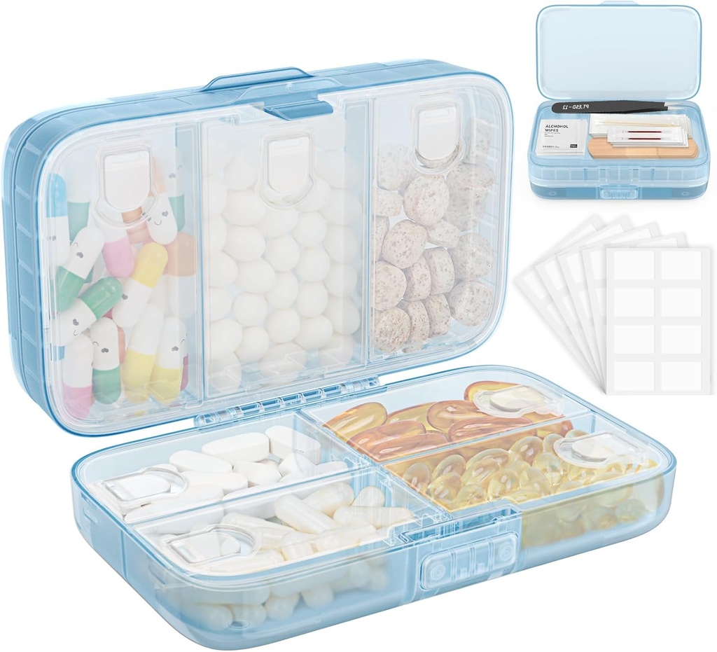 FYY Weekly Pill Organizator cu Labels,8 Compartiments Travel Daily Pilula Case rezistente la umiditate cutie mari pastile pentru a deține vitamine, ulei de pește, Suplimente, Bumbac și Bandaje-Blue