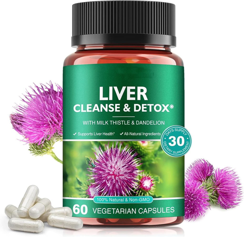 Ficat Cleanse & Detoxifiere pastile pentru repararea sanatatii ficatului - cu extract de muls de lapte, Root Dandelion, Ginger, Beetroot Powder & Vitamine - Suport hepatic natural, 60 capsule Vegan