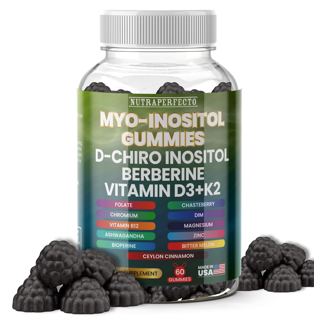 Mio-Inozitol fără zahăr & D-Chiro Inositol Gumies for Women, Berberine Vitamina D3 K2 DIM Oxid de magneziu Glicinat L-Metilfolat Supliment pentru femei, Fertilitate, Echilibru hormonal, PMS, Sănătate ovariană
