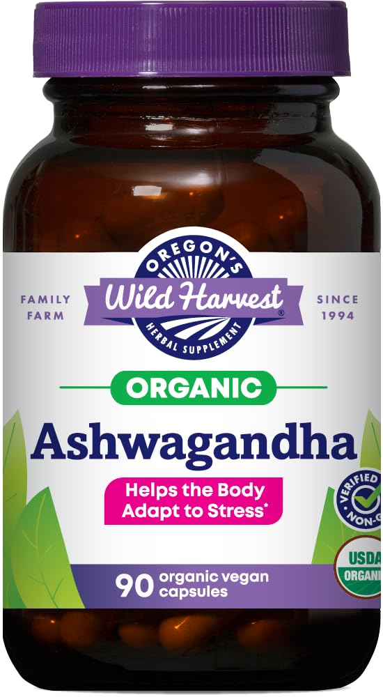 Oregon Wild Harvest Certified Organic Ashwagandha Herbal Vegan Capsule, 1200 MGS, 90 Conte