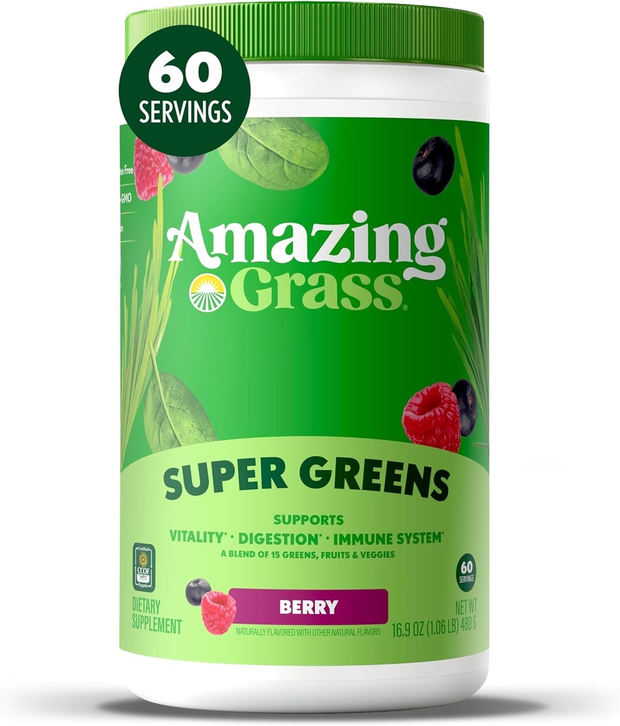 Verdele de iarbă uimitoare se amestecă Superfood: Super Greens Powder Smoothie Mix cu Spirulina, Chlorella, Root Root Powder, Enzymes Digestive & Probiotices, Berry, 60 Servings (Packaging May Vary)