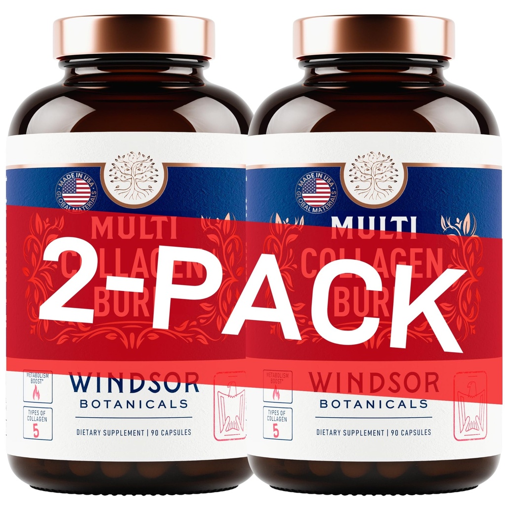 Capsule termogenice multicolagen Burn - Acid hialuronic hidratant, suplimente de colagen marin pentru femei și bărbați și vitamina C - Complex de colagen hidrolizat 5 tipuri- 2-Pack, 180 pastile