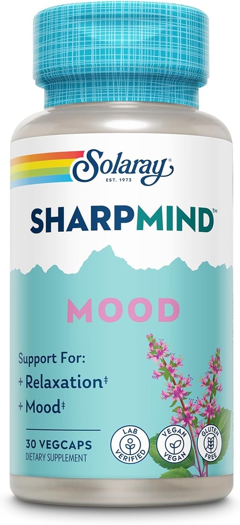 SOLARAY SharpMind Mood Support Supplement, Nootropic for Relaxation and Stress Relief, Zembrin, Holy Basil, Lithium 5mg, Organic Reishi Mushroom, 60 Day Guarantee, 30 Servings, 30 VegCaps