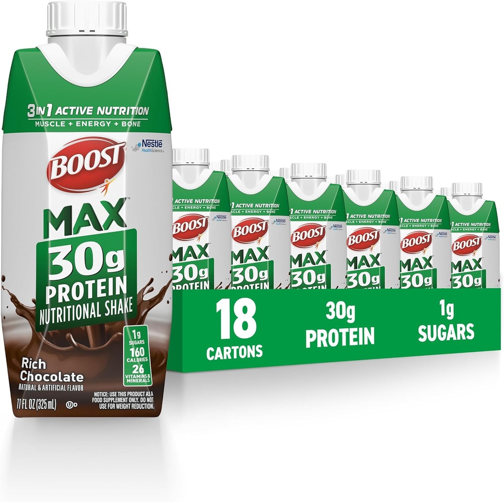 BOOST MAX Protein Shakes Ready to Drink - 30g High Protein Shake - Chocolate | Nutritional Drinks to Support Muscle Recovery After Exercise, 26 Vitamins & Minerals, 1g Sugar, 11 fl oz (Pack of 18)