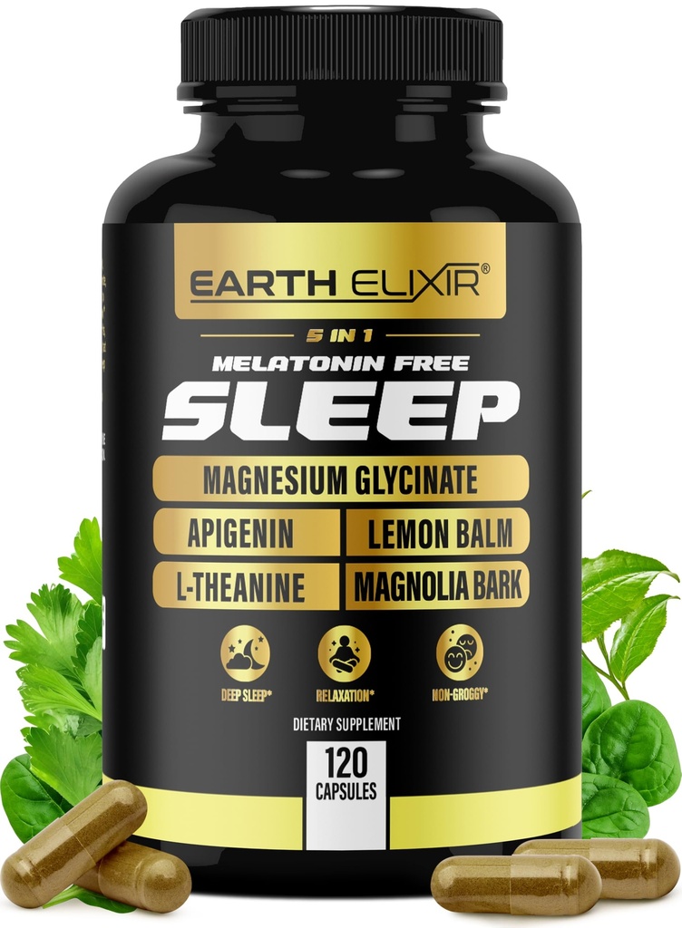 Elixir Elixir 4-in-1 Sleep Aid (120 Caps) w/Apigenin 50mg, Magneziu Glicinat 200mg, L Theanin 200mg & Valerian Root for Sleep Aid 300mg 